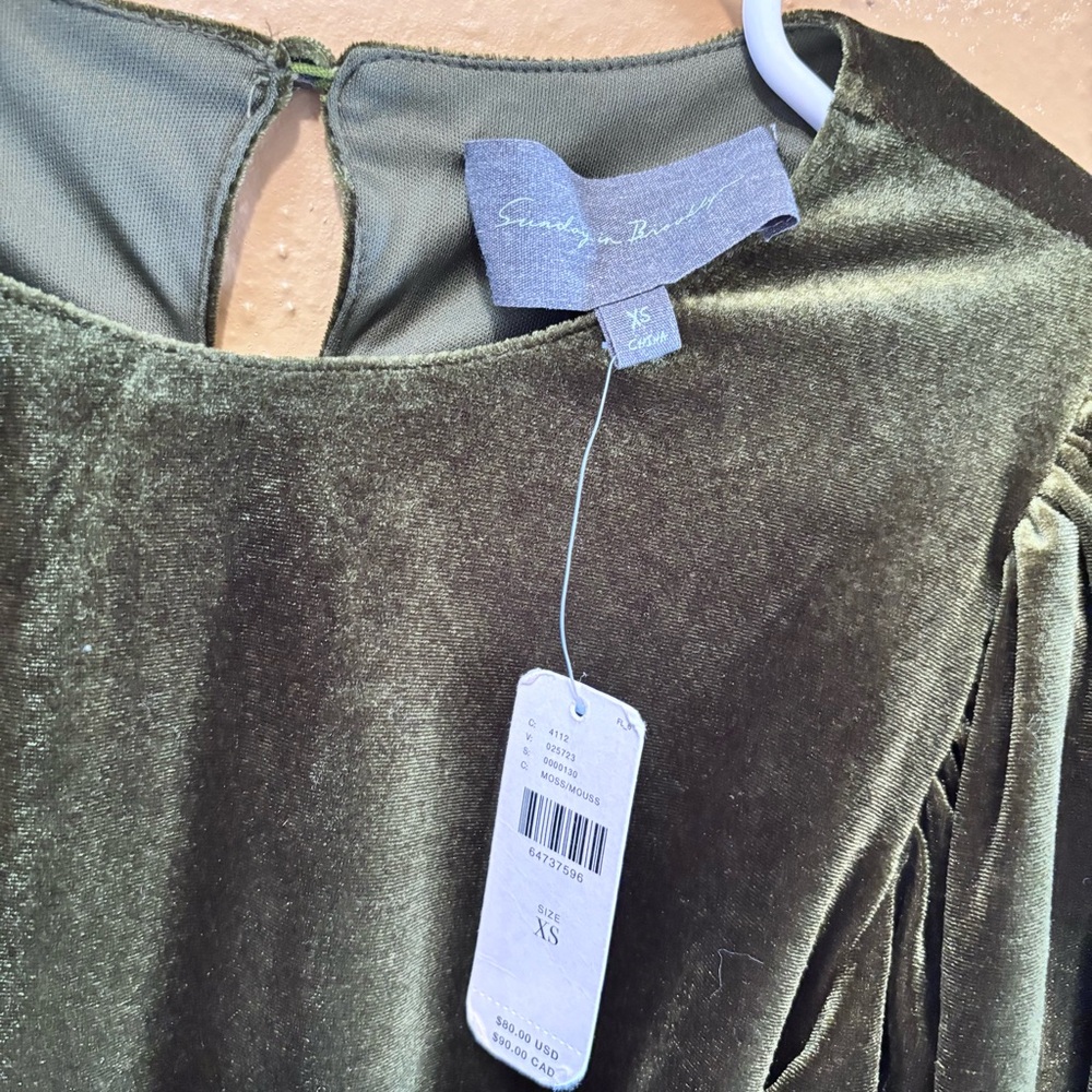 Sunday in Brooklyn Moss Green Velvet Puff Sleeve Top Blouse XS New With Tags - Picture 3 of 6